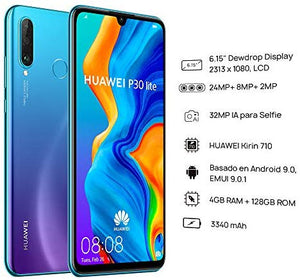 Huawei P30 Lite (128GB, 4GB RAM) 6.15" Display, AI Triple Camera, Dual SIM Global GSM Factory Unlocked MAR-LX3A - International Version, No Warranty (Peacock Blue)