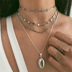 Boho Multi-element Crystal Necklaces For Women Fashion Gold Silver  Necklace Vintage Multiple Layers Pendant Necklace Jewelry