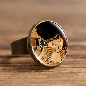 Fashion The Kiss Klimt Starry Night Dome Glass Art Picture Ring Photo Handcrafted Jewelry Adjustable Size Rings Gifts for Girls