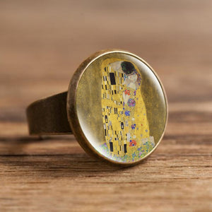 Fashion The Kiss Klimt Starry Night Dome Glass Art Picture Ring Photo Handcrafted Jewelry Adjustable Size Rings Gifts for Girls