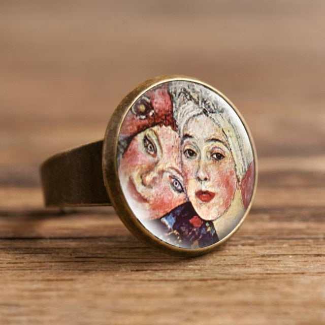 Fashion The Kiss Klimt Starry Night Dome Glass Art Picture Ring Photo Handcrafted Jewelry Adjustable Size Rings Gifts for Girls