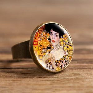 Fashion The Kiss Klimt Starry Night Dome Glass Art Picture Ring Photo Handcrafted Jewelry Adjustable Size Rings Gifts for Girls