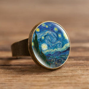 Fashion The Kiss Klimt Starry Night Dome Glass Art Picture Ring Photo Handcrafted Jewelry Adjustable Size Rings Gifts for Girls