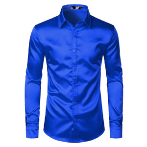 Men's Black Satin Luxury Dress Shirts 2019 Silk Smooth Men Tuxedo Shirt Slim Fit Wedding Party Prom Casual Shirt Chemise Homme