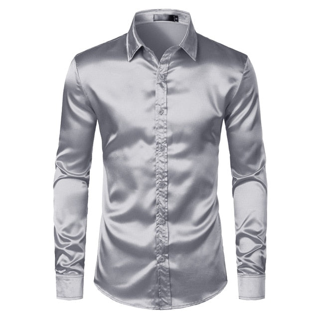 Men's Black Satin Luxury Dress Shirts 2019 Silk Smooth Men Tuxedo Shirt Slim Fit Wedding Party Prom Casual Shirt Chemise Homme